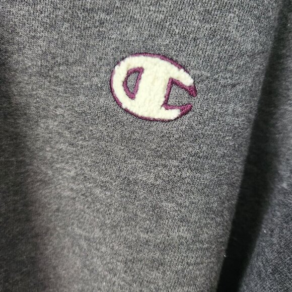 Champion Gray V-Neck Thick Sweatshirt Purple Sleeve Stripes Size XL Vintage 90s - Picture 5 of 14